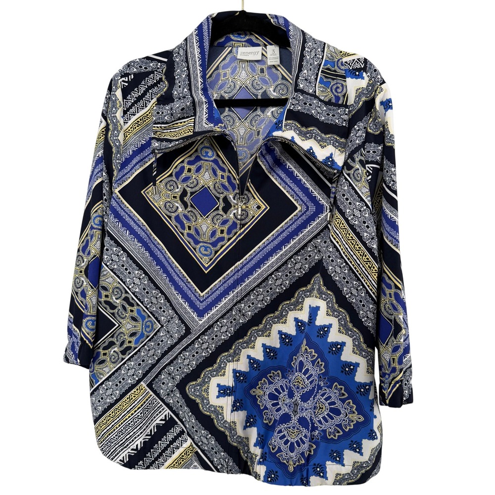 Zenergy by Chicos Jacket Lightweight Blue Geometric Scarf Print Paisley 3 XL